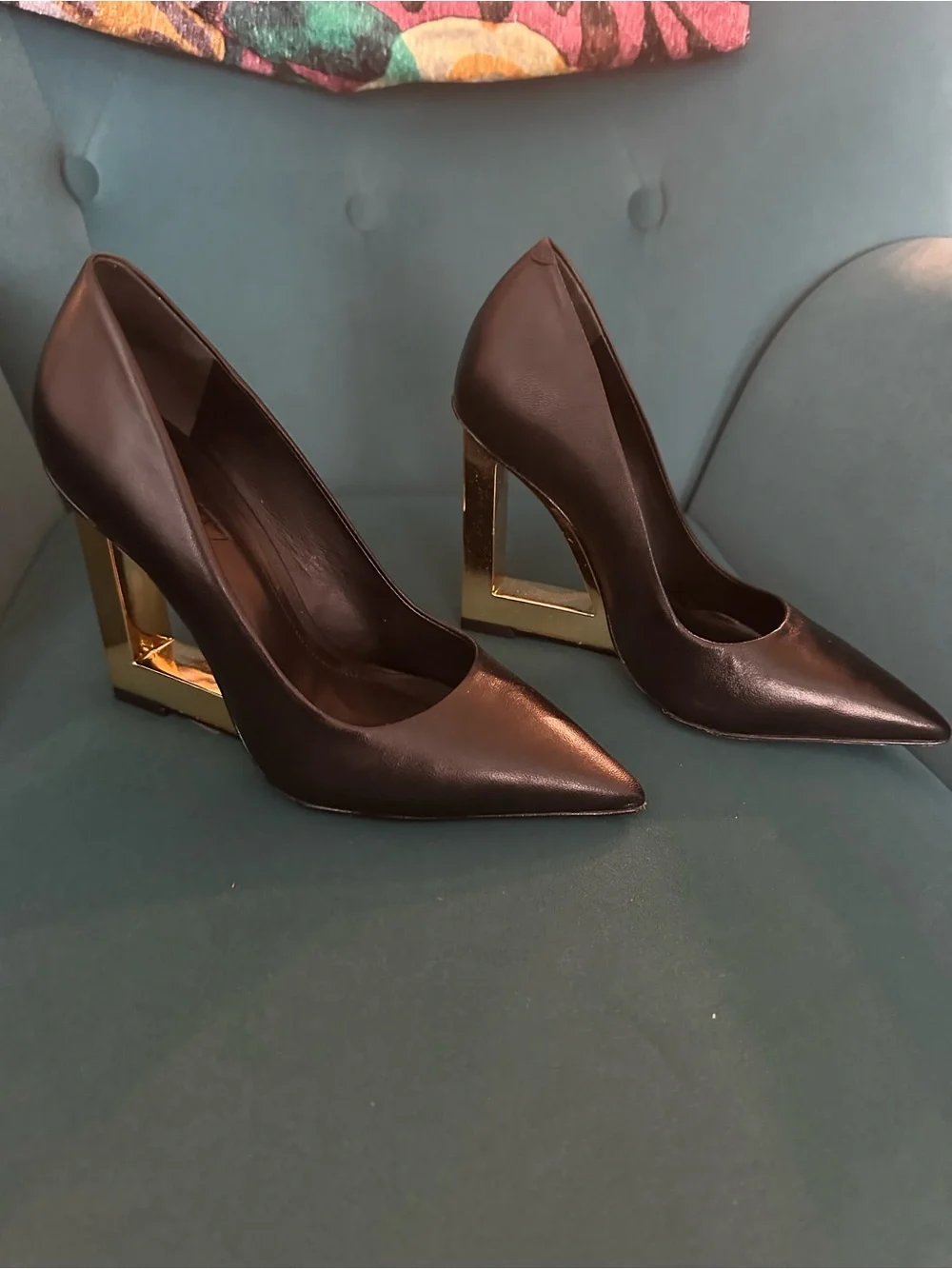 SCHUTZ Filipa Black Leather Pointed Pump with Gold Wedge Heel
